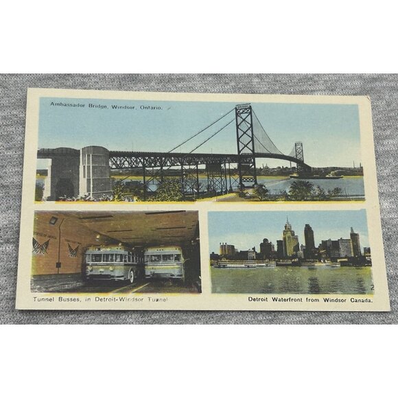 Ambassador Bridge to Detroit in Windsor Canada 1930's Postcard - Picture 1 of 6